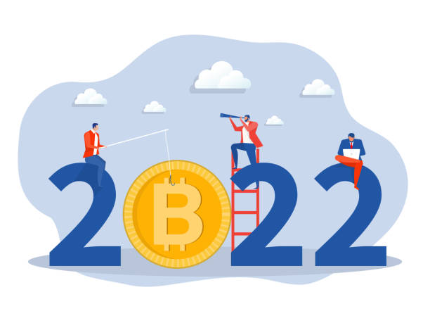 Businessman fishing bitcoin 2022 New Year Cryptocurrency Trends, Digital Money and Blockchain Technology vector vector art illustration