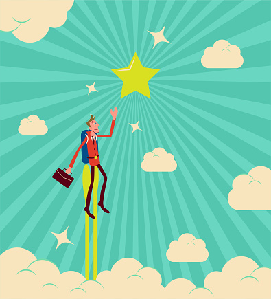 Businessman (Student) flying with a Jet Pack (rocket pack) in the sky and reaching the star (to Achieve Success)