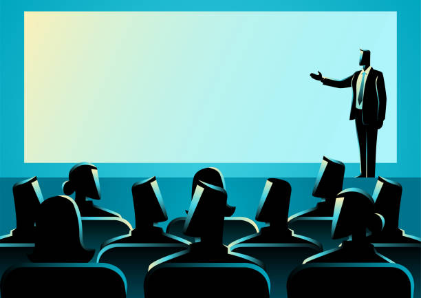 Businessman giving a presentation on big screen Business concept illustration of businessman giving a presentation on big screen. Audience, seminar, conference theme presentation speech silhouettes stock illustrations
