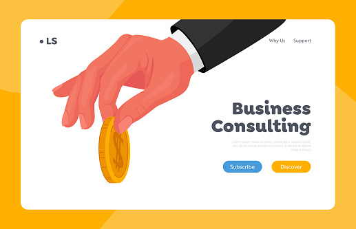 Businessman Giving Golden Coin Landing Page Template. Male Hand in Formal Wear Holding Gold Coin in Fingers. Charity, Donation, Wealth or Money Investment Concept. Cartoon Vector Illustration