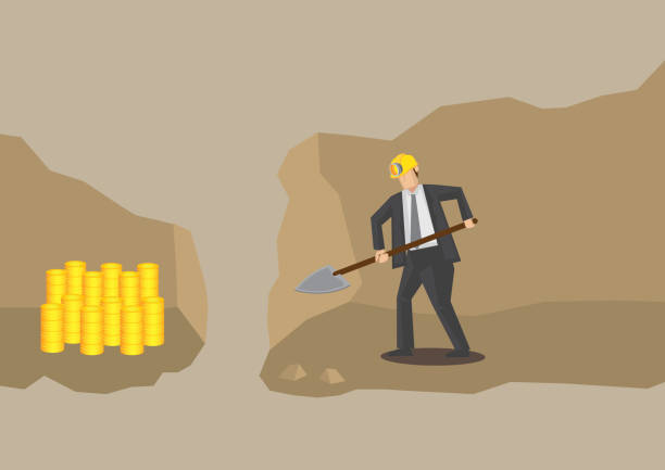 Businessman Gold Digger Conceptual Vector Illustration Cross section view of underground mine where cartoon businessman dig with shovel and very near to success with gold mine in adjacent tunnel. Conceptual vector illustration for gold digger metaphor. rich strike stock illustrations
