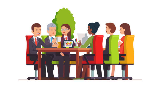 Businessman group meeting & discussing in  board room at big conference desk. Business people teamwork. Modern office interior. Flat isolated vector Directors board, executive colleagues discussing, planning. Businessman group meeting in board room at big conference desk. Business people teamwork. Modern business interior. Flat vector illustration board of directors stock illustrations