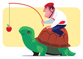 vector illustration of businessman guiding tortoise