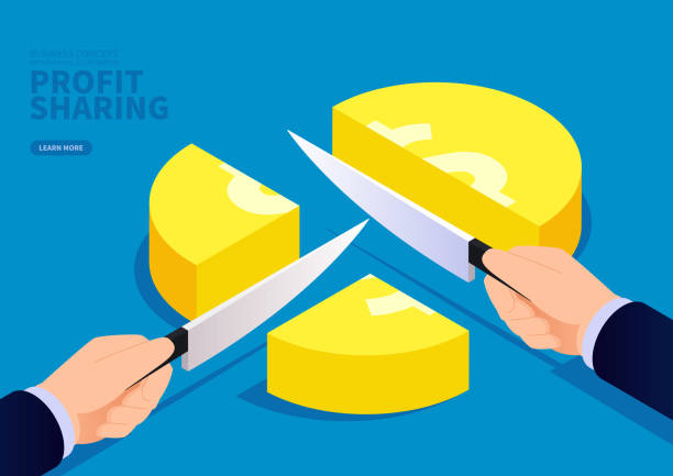 ilustrações de stock, clip art, desenhos animados e ícones de businessman hand holding a knife to divide gold coins into three - serving a slice of cake