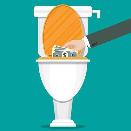 Businessman hand putting dollar bills in the toilet. Vector illustration in flat style.