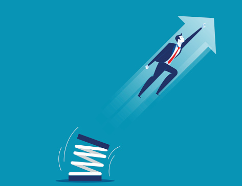 Businessman high jump with springboard. Concept business vector illustration