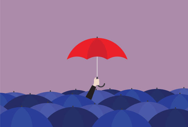 Businessman holding a red umbrella in the crowd of a blue umbrella Insurance, Business, Standing Out From The Crowd, Focus, Different umbrella stock illustrations