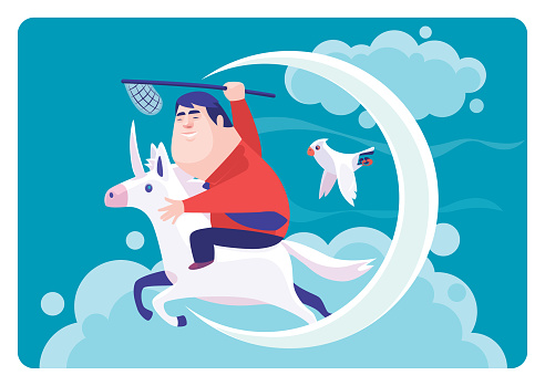businessman holding butterfly net and riding unicorn with crescent moon