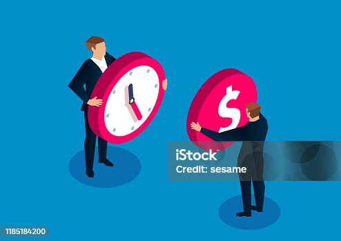 istock Businessman holding clock and businessman holding gold coins 1185184200