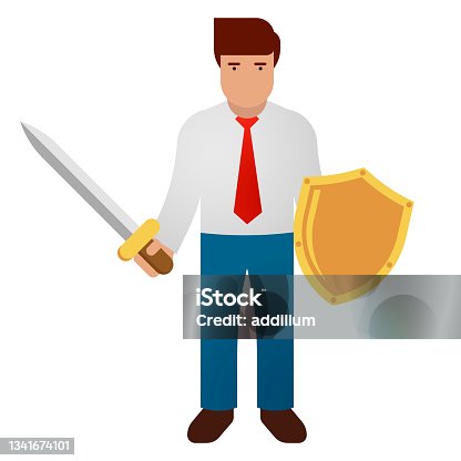 istock Businessman holding sword and golden shield. Business defending, hero, knight concept. Vector illustration. 1341674101