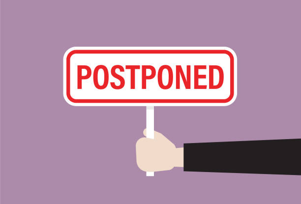 Businessman holds a postponed sign Meeting, Problem, Working, Travel, Event, Business postponed stock illustrations