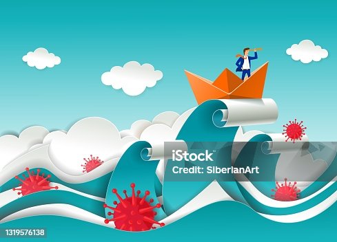 istock Businessman in boat on the top of ocean wave, vector paper cut illustration. Corona virus pandemic business strategy. 1319576138
