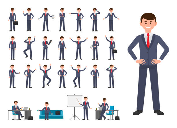 Businessman in dark blue suit cartoon character. Vector illustration of person working in office Businessman in dark blue suit cartoon character. Vector illustration of person working in office entrepreneur patterns stock illustrations
