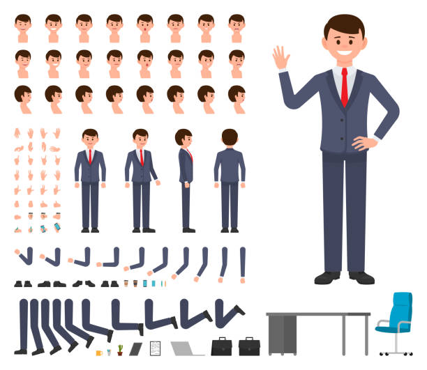 Businessman in dark blue suit character creation set. Vector cartoon style office manager constructor Businessman in dark blue suit character creation set. Vector cartoon style office manager constructor entrepreneur patterns stock illustrations