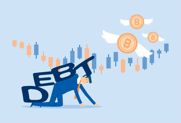 Businessman in debt from bitcoin stock market Businessman in debt from bitcoin stock market, Vector illustration in flat style Dow Futures  stock illustrations