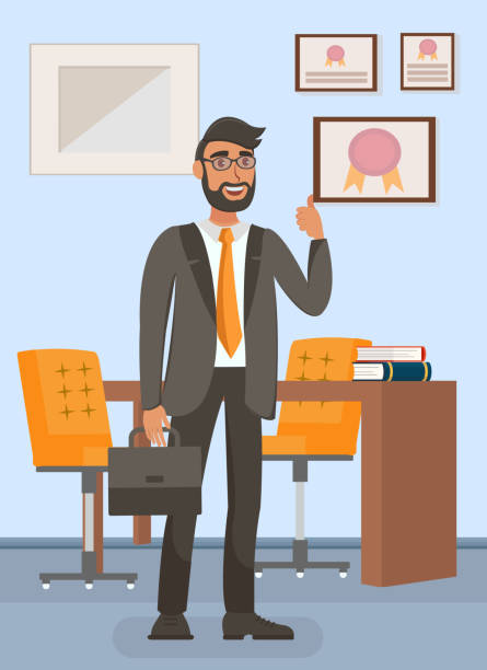 Businessman in Office Flat Vector Illustration Businessman in Office Flat Vector Illustration. Successful Male Like Gesture. Manager, Lawyer, Banker Cartoon Character. Working Place Interior. Professional Awards, Certificates in Frames on Wall entrepreneur borders stock illustrations
