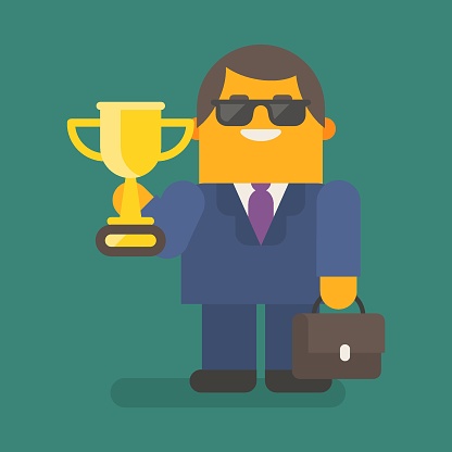 Businessman in sunglasses holding gold cup and suitcase. Vector character