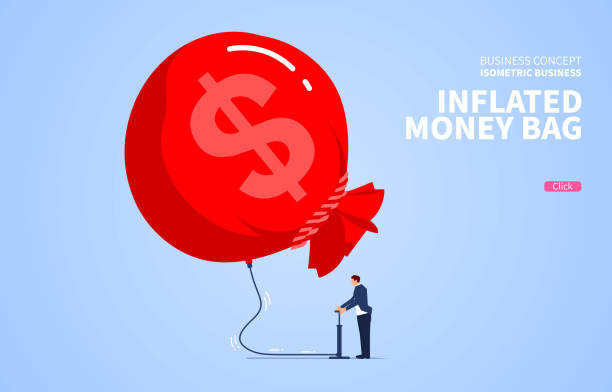 ilustraciones, imágenes clip art, dibujos animados e iconos de stock de empresario infla su bolsa de dinero - inflation