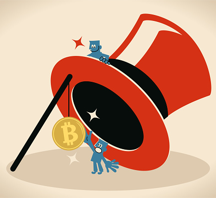 Blue Little Guy Characters Vector Art Illustration.
Businessman is being caught in a big top hat trap that has Bitcoin money (Cryptocurrency) bait, another man is peeking at him, security vulnerabilities related to Bitcoin.