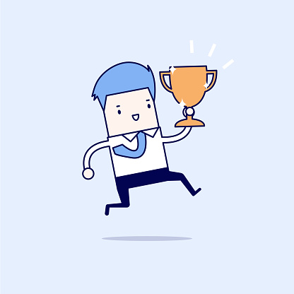 Businessman jumping and holding trophy. Cartoon character thin line style vector.