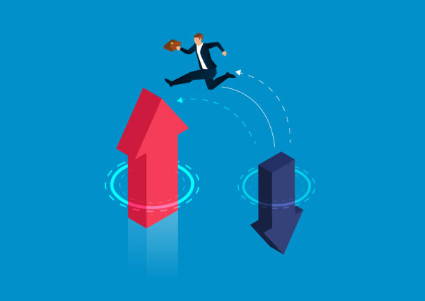 Businessman jumps from falling arrow to rising arrow Businessman jumps from falling arrow to rising arrow inflation economics stock illustrations