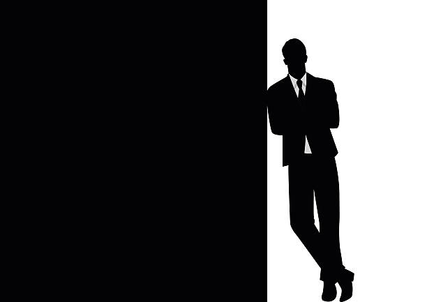 Businessman Leaning At Black Blank Space Silhouette of a businessman leaning at black blank space for copy with arm crossed leaning stock illustrations