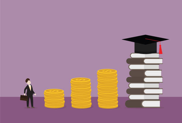 Businessman looking for a graduation cap on top of the book stack. Saving, Currency, Coin, Fee, Price, Finance, Student, University, Education, Scholarship student loan stock illustrations