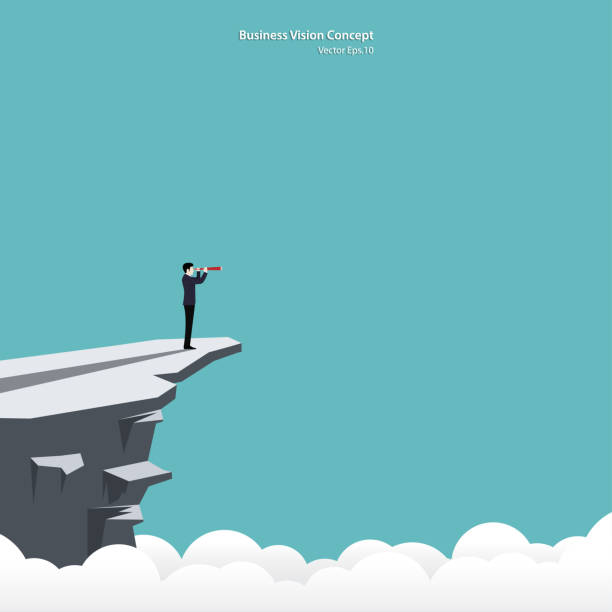 Businessman looking in telescope standing on cliff Businessman looking in telescope standing on cliff. Business vision concept, Leadership, Achievement, Target, Vector illustration flat cliffs stock illustrations
