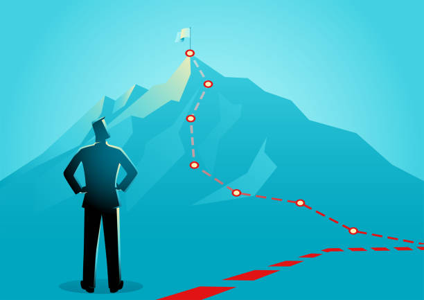 stockillustraties, clipart, cartoons en iconen met zakenman die de rode lijnen kijkt die tot de bovenkant van een berg leiden - routekaart