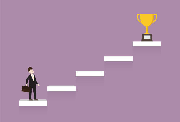 Businessman looks at a trophy atop a ladder vector art illustration