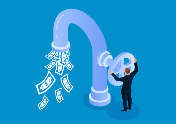 Businessman opens faucet valve to control money outflow Businessman opens faucet valve to control money outflow control illustrations stock illustrations