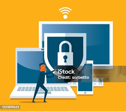 istock Businessman out from a computer with a shield 1331899633