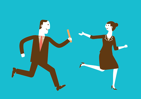 Businessman Passes Baton to Businesswoman | New Business Concept