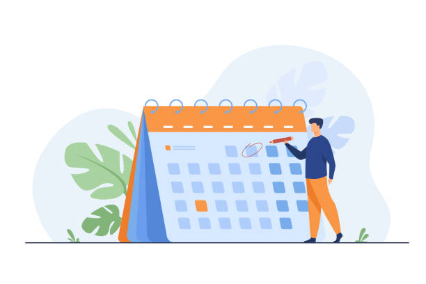 ilustrações, clipart, desenhos animados e ícones de empresário planeja eventos, prazos e agenda - calendário