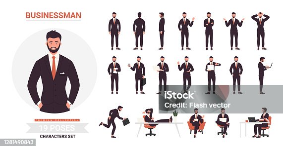 istock Businessman poses cartoon set, bearded business office worker character in black formal suit in work 1281490843