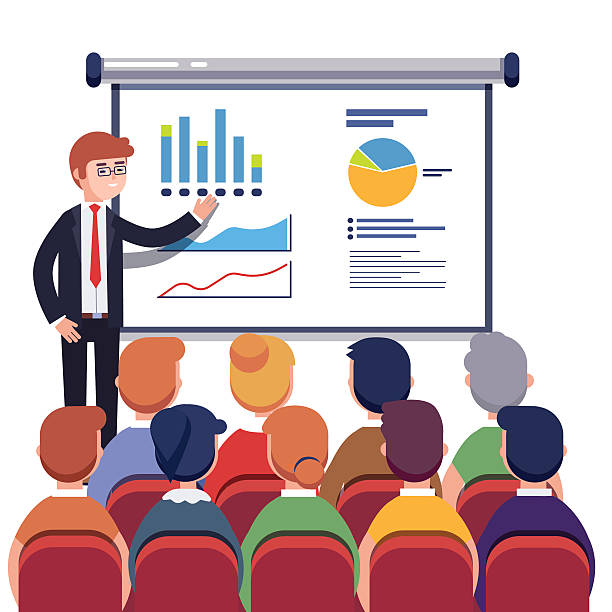 Businessman presenting marketing data Businessman presenting marketing data on a presentation screen board explaining charts to sales training audience. Business seminar. Flat style vector illustration isolated on white background. presentation speech clipart stock illustrations