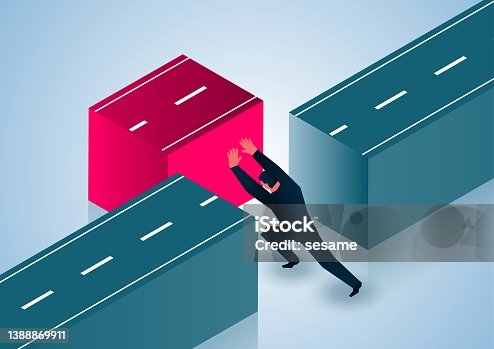 istock Businessman pushes the road of merger and makes the road impassable, destroys the road to success, agreement lapses and cooperation ends 1388869911