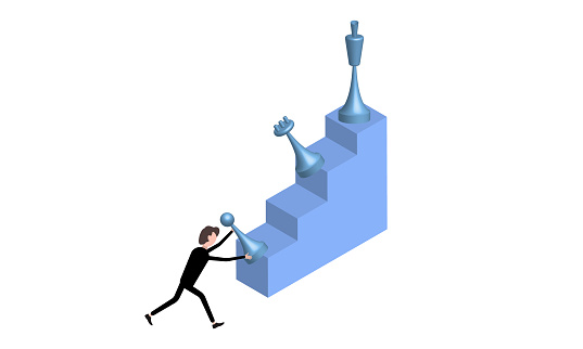 businessman pushing a pawn up a rung of the career ladder
