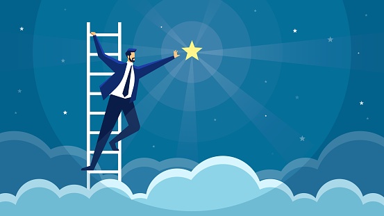 Businessman reaching star. Man climbing ladder and catching star. Business opportunity, goal achievement, success, career growth vector concept