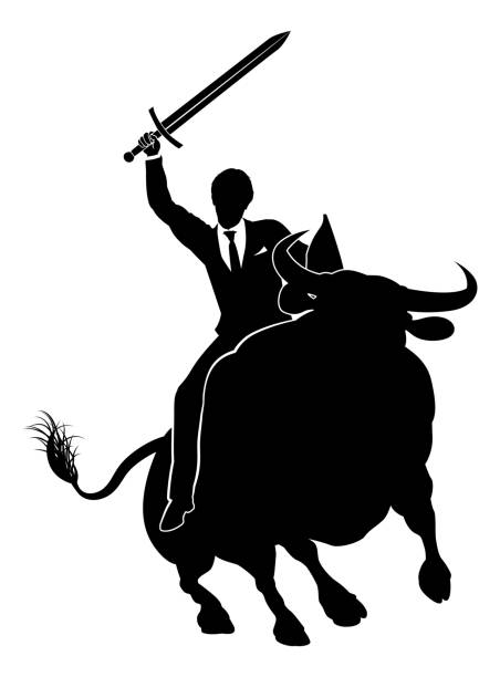 Businessman Riding Bull Concept A financial or stock market conceptual illustration of a business man knight holding a sword and shield and riding a bull wall street stock illustrations