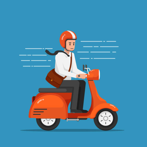 illustrations, cliparts, dessins animés et icônes de homme d’affaires équitation cours moto ou un scooter pour travailler. - casque moto