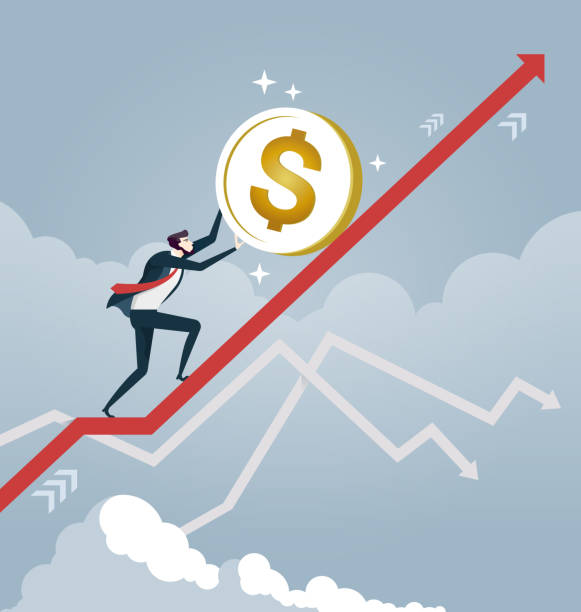 ilustraciones, imágenes clip art, dibujos animados e iconos de stock de hombre de negocios enrollar una moneda de medio dólar en flecha. vector de concepto de negocio - inflation