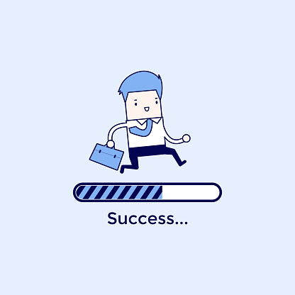 Businessman run on progress loading bar, Success concept. Cartoon character thin line style vector.