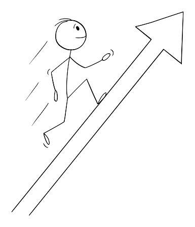 Businessman Running Up on Arrow for Profit or Success , Vector Cartoon Stick Figure Illustration