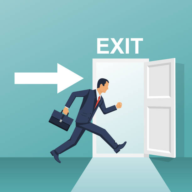 Businessman runs into open door Businessman runs into open door. Symbol exit. Human is running from work. Evacuation sing. Vector illustration flat design. Isolated on white background. Emergency exit. safe move stock illustrations