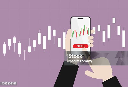 istock Businessman sell stock by mobile phone 1312309181