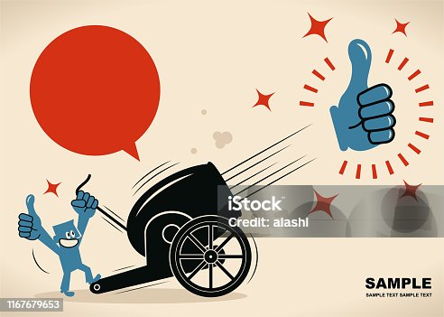 istock Businessman shooting big Thumbs Up sign from cannon (cannon firing) 1167679653