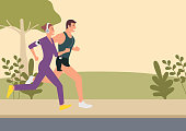 Simple flat vector illustration of couple jogging and running outdoors in the park