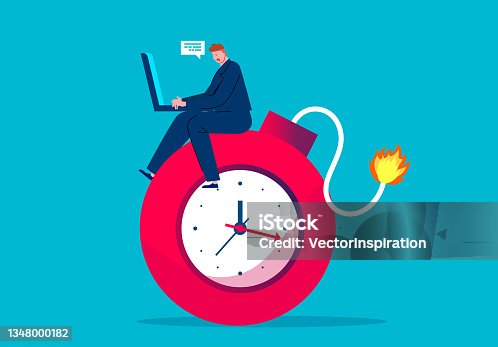 istock Businessman sitting on a time bomb busy with work. 1348000182
