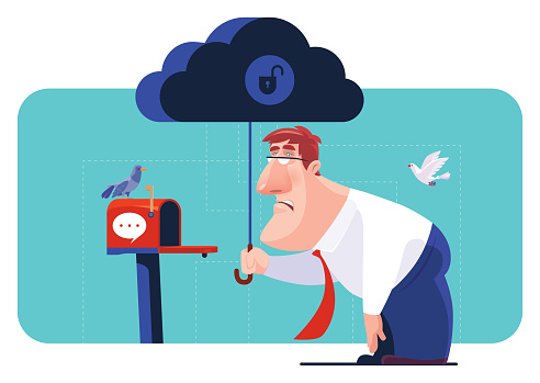 businessman standing beside mailbox with unsafe cloud computing